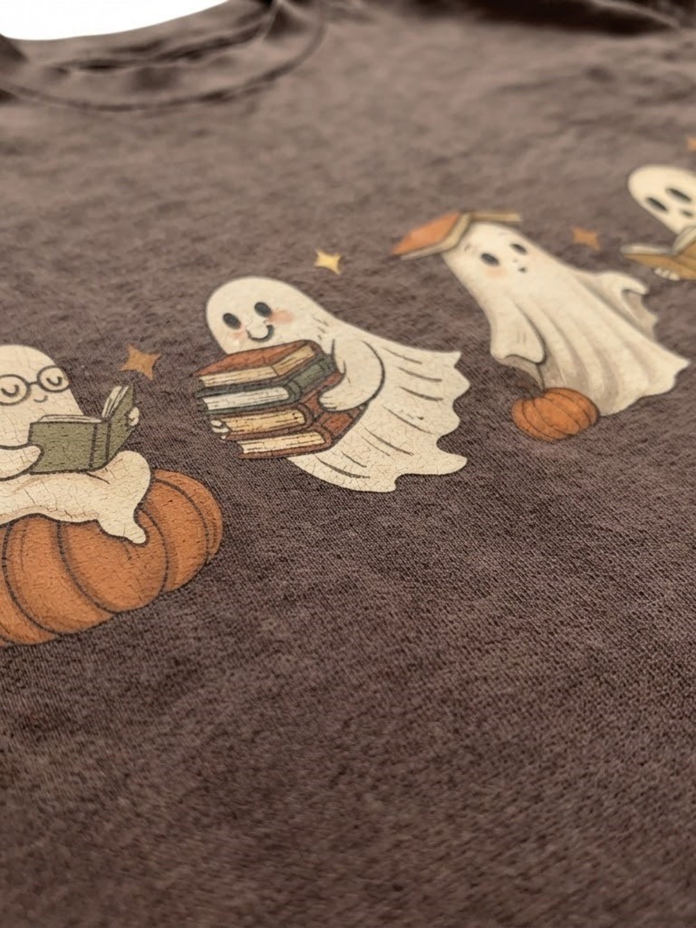 Brown T-Shirt with Cute Reading Ghosts Graphic - Picture 2 of 2